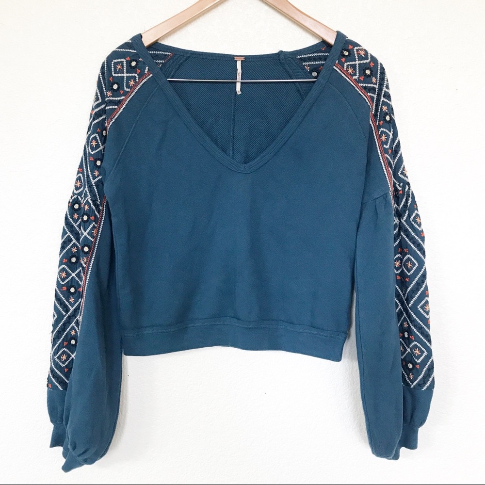 Free People Senorita Blue Cropped Pullover Sz S - Picture 2 of 7